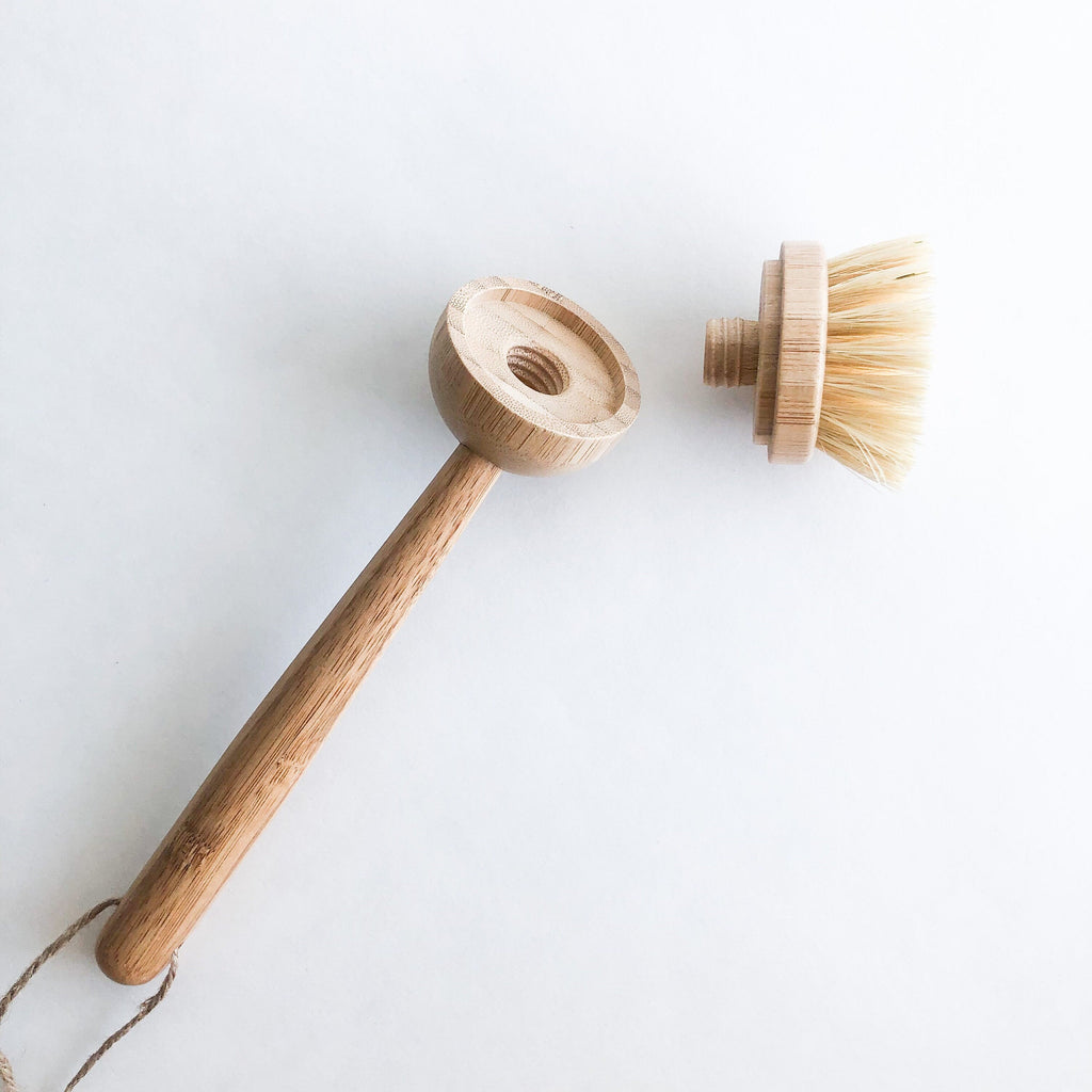 Natural Bamboo Sisal Dish Brush With Replaceable Head - Biodegradable Zero Waste Plastic Free Long Handle Kitchen Brush